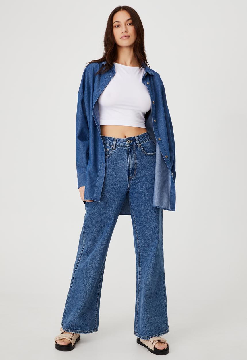 Cotton On - Lily frill collar long sleeve shirt - mid chambray blue