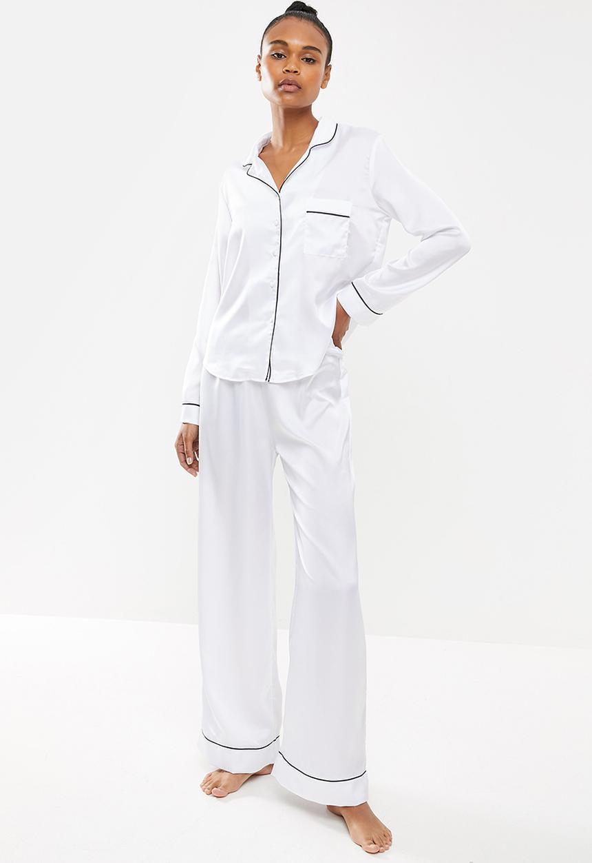 Missguided - Satin pipped trim pj set - white