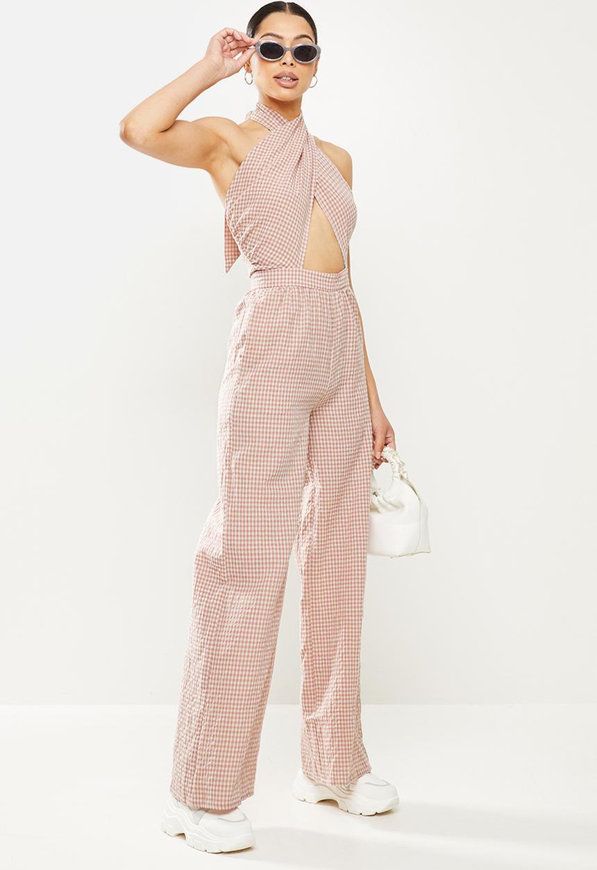Missguided - Wrap front tie neck wide leg jumpsuit - neutral rose