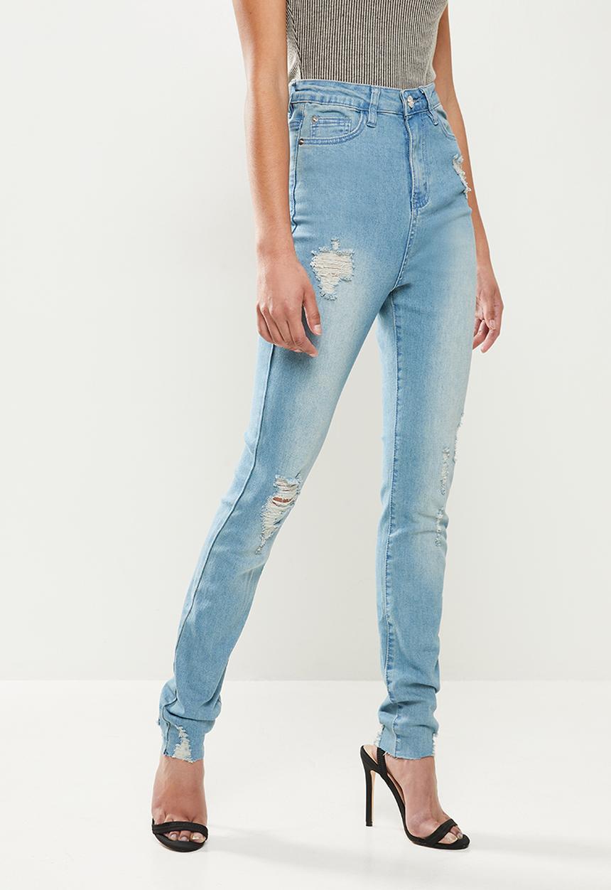 Missguided - Petite sinner highwaisted destroyed hem skinny - blue