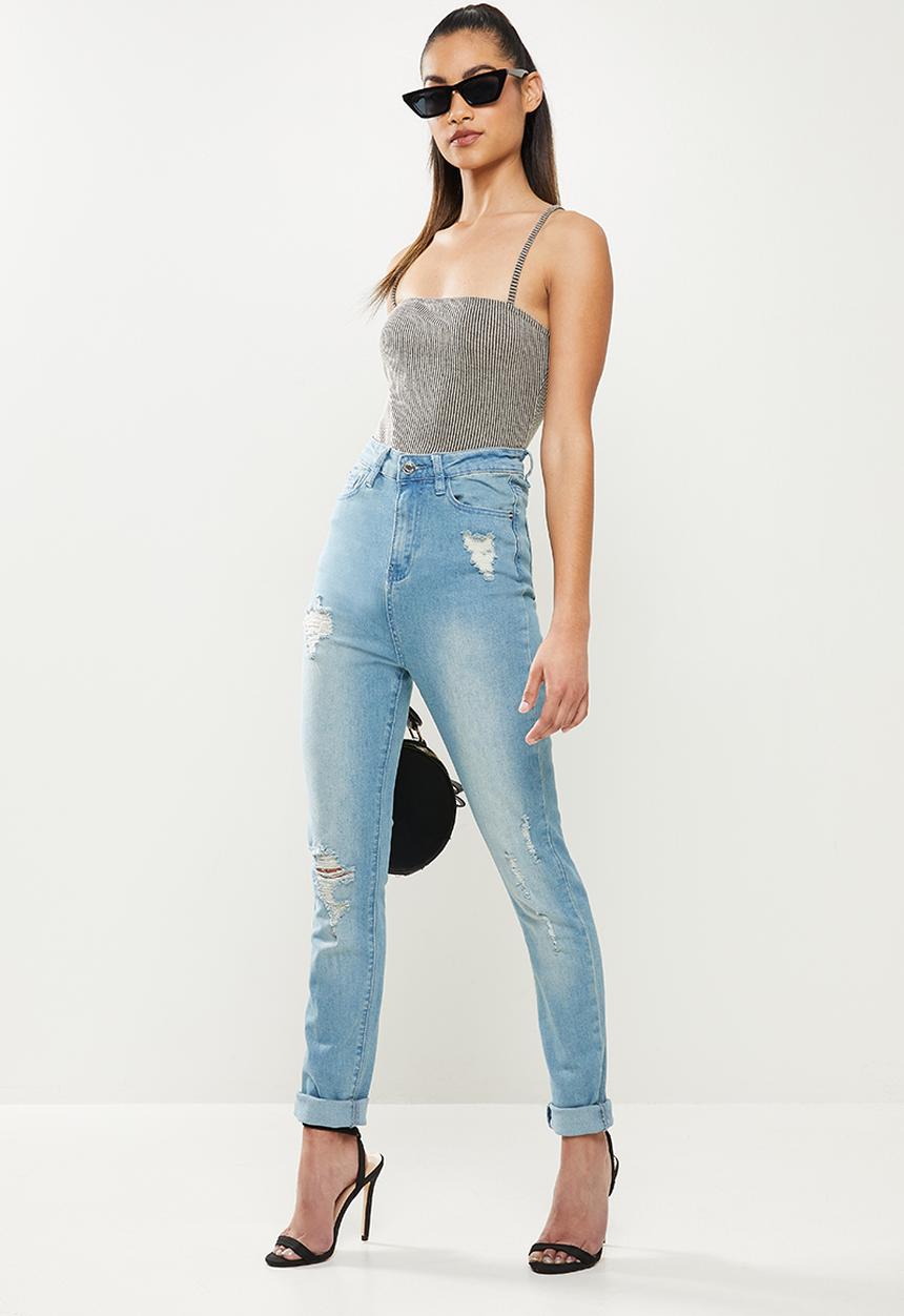 Missguided - Petite sinner highwaisted destroyed hem skinny - blue