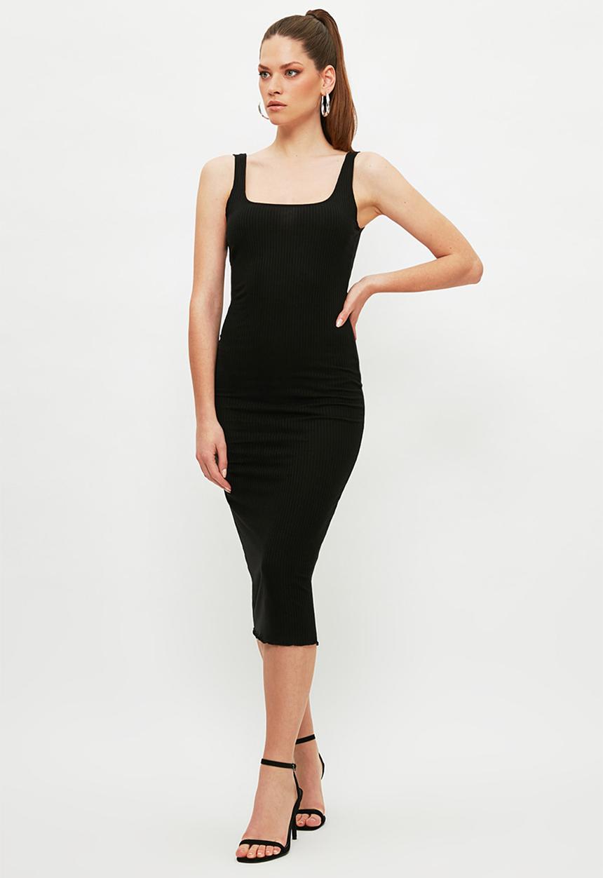 Trendyol - Square neck corduroy midi knitted dress - black