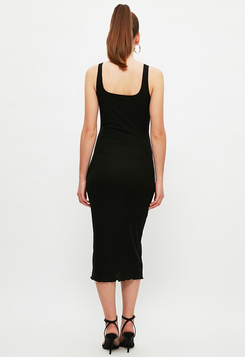 Trendyol - Square neck corduroy midi knitted dress - black