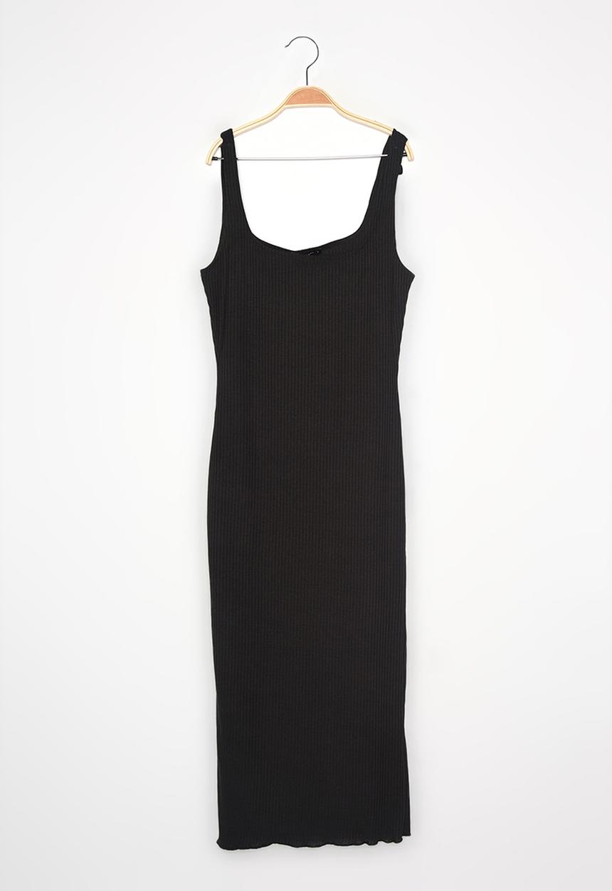 Trendyol - Square neck corduroy midi knitted dress - black