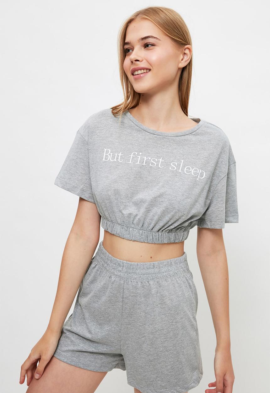 Trendyol - Slogan knitted pajamas set - grey
