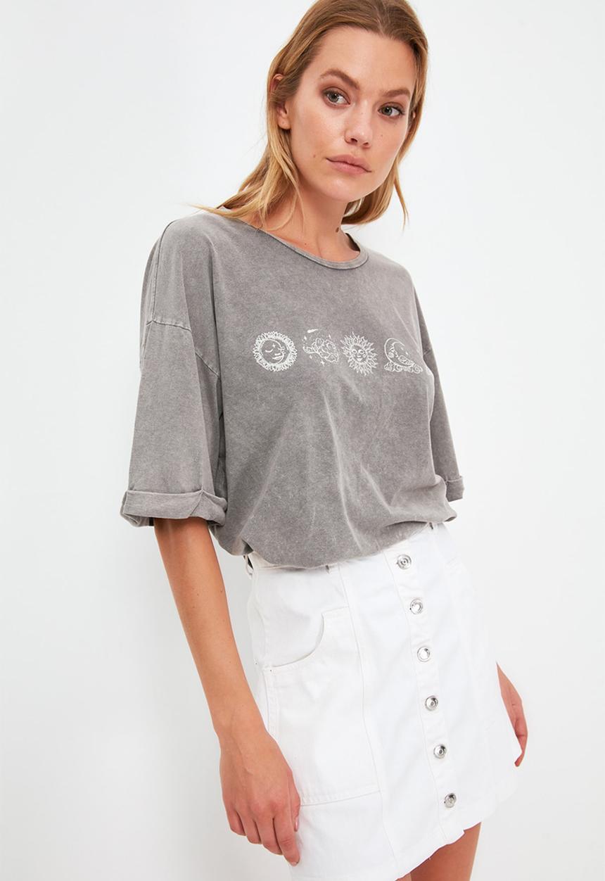 Trendyol - Printed boyfriend knitted t-shirt - grey