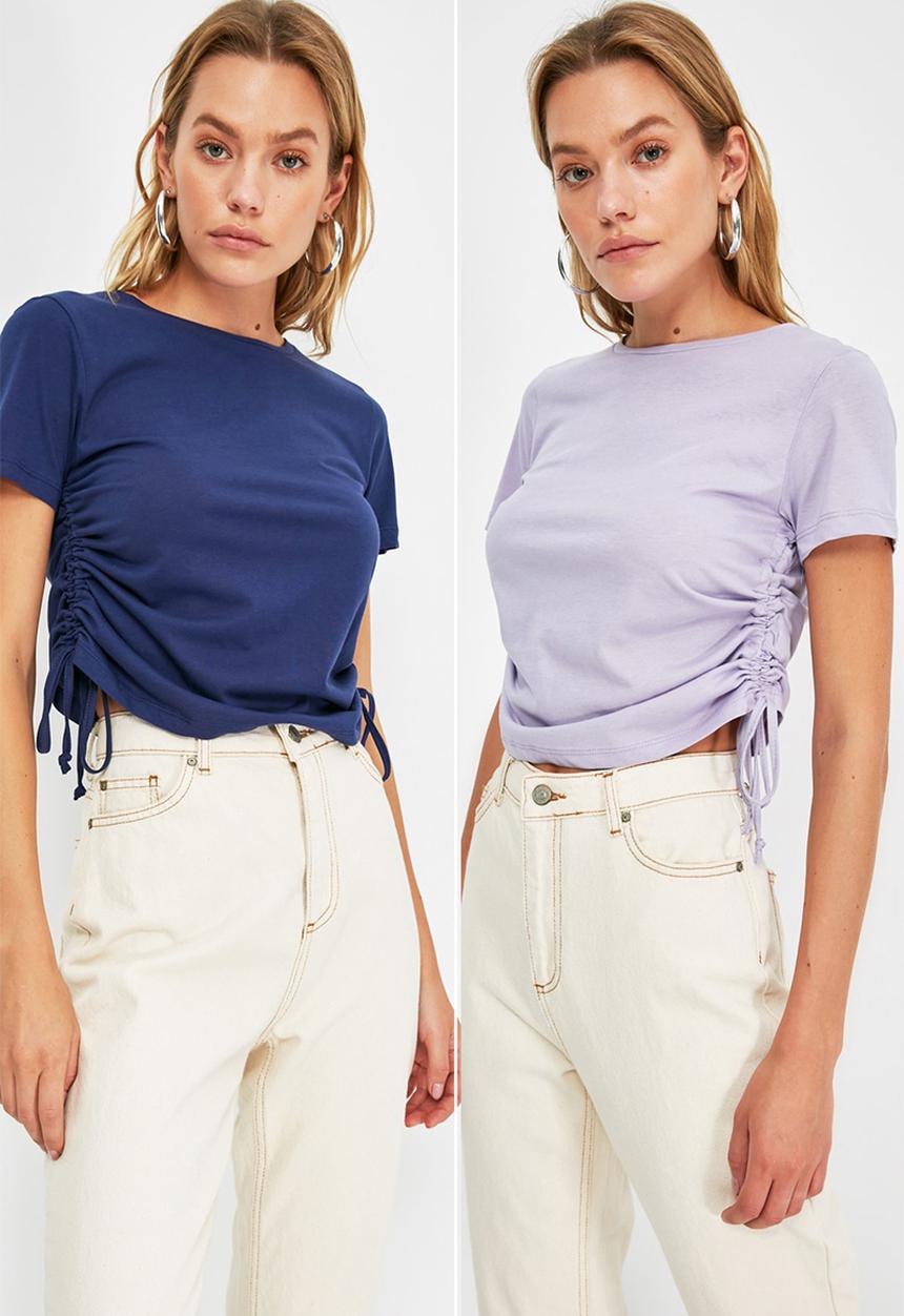 Trendyol - 2-pack pleated basic knitted t-shirt - navy & lilac