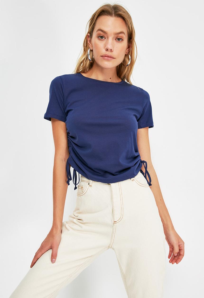 Trendyol - 2-pack pleated basic knitted t-shirt - navy & lilac