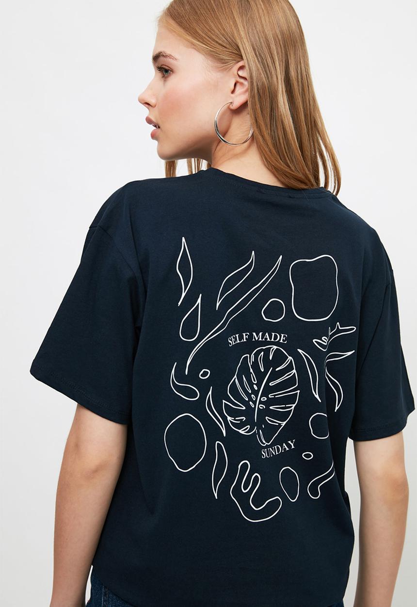 Trendyol - Printed boyfriend knitted t-shirt - navy
