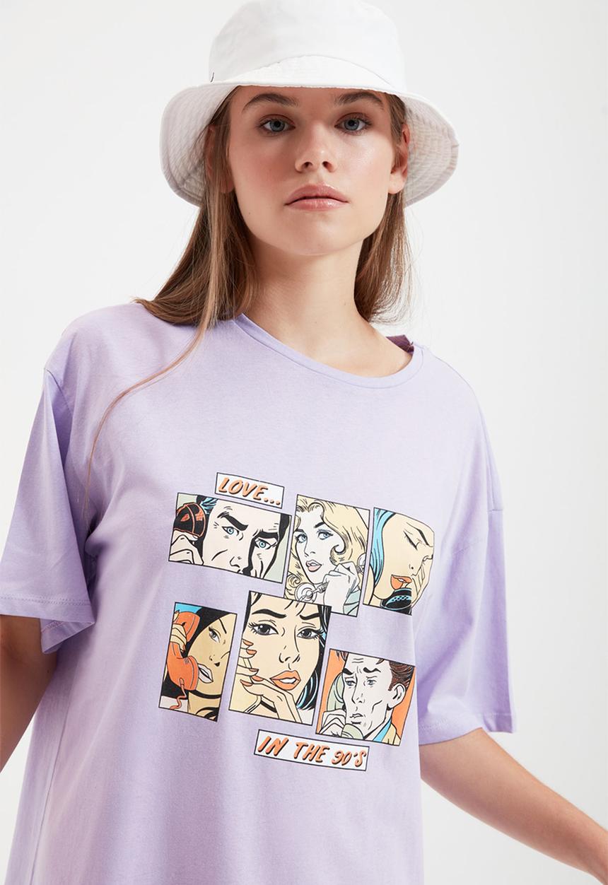 Trendyol - Printed knitted t-shirt dress - lilac