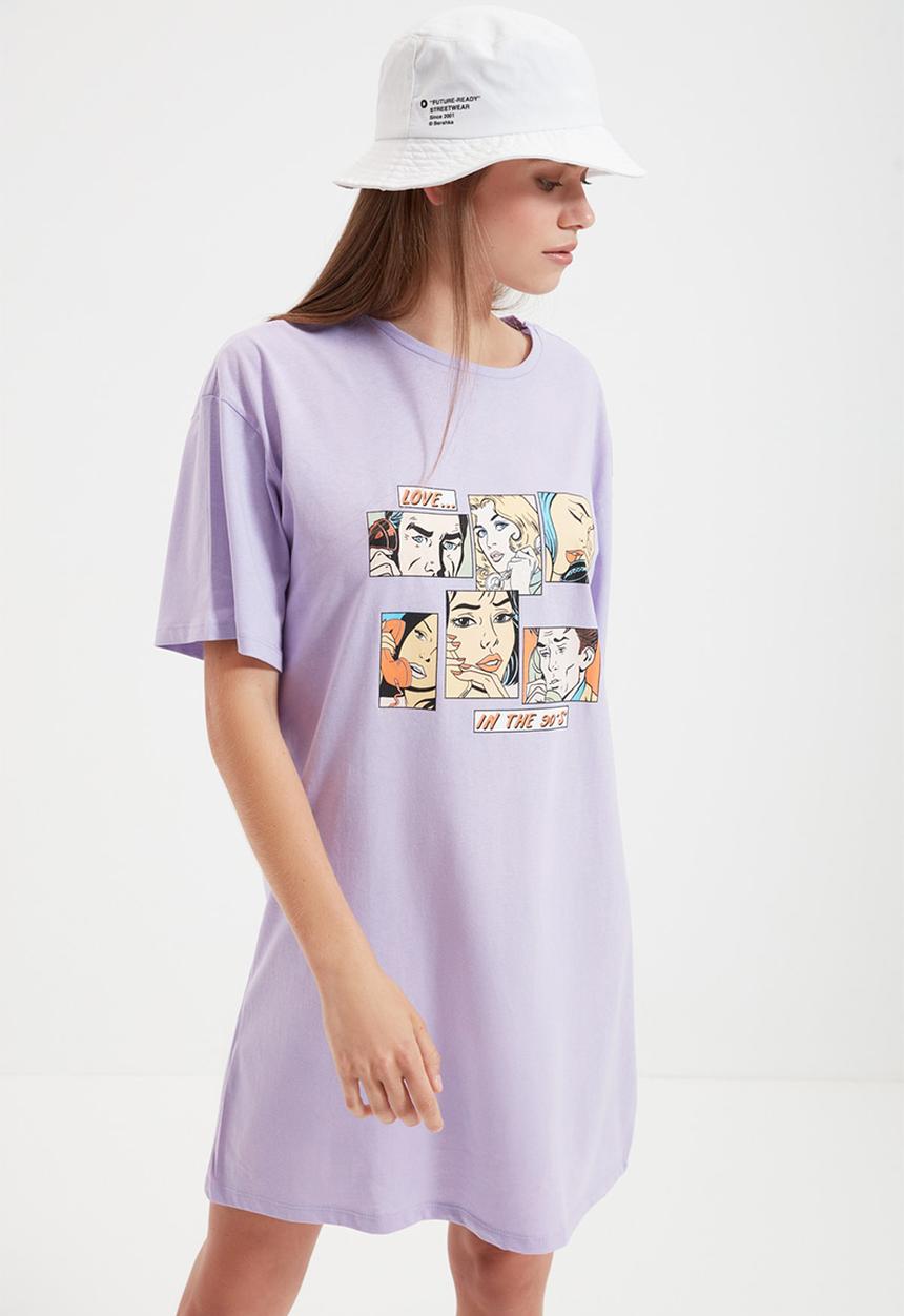 Trendyol - Printed knitted t-shirt dress - lilac
