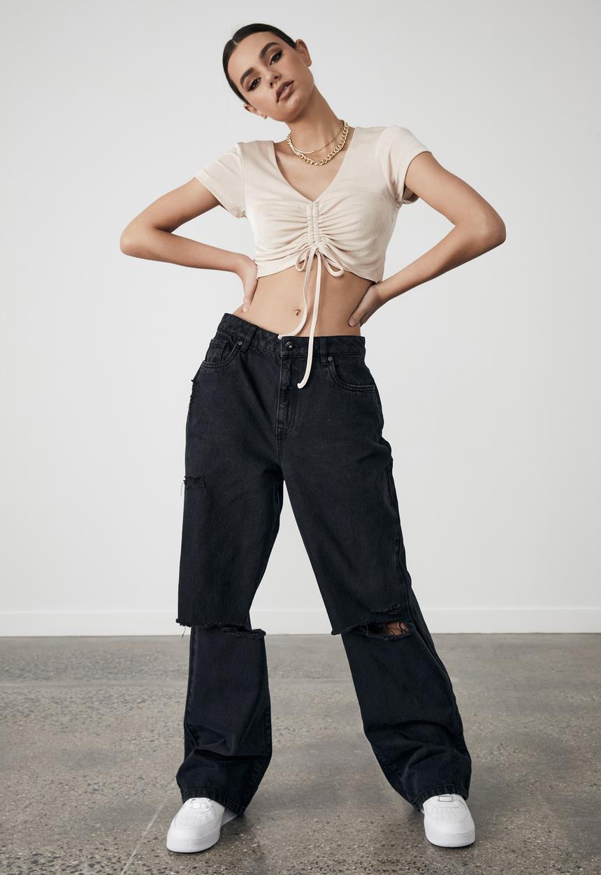 Factorie - Short sleeve slinky v neck ruched top - beige