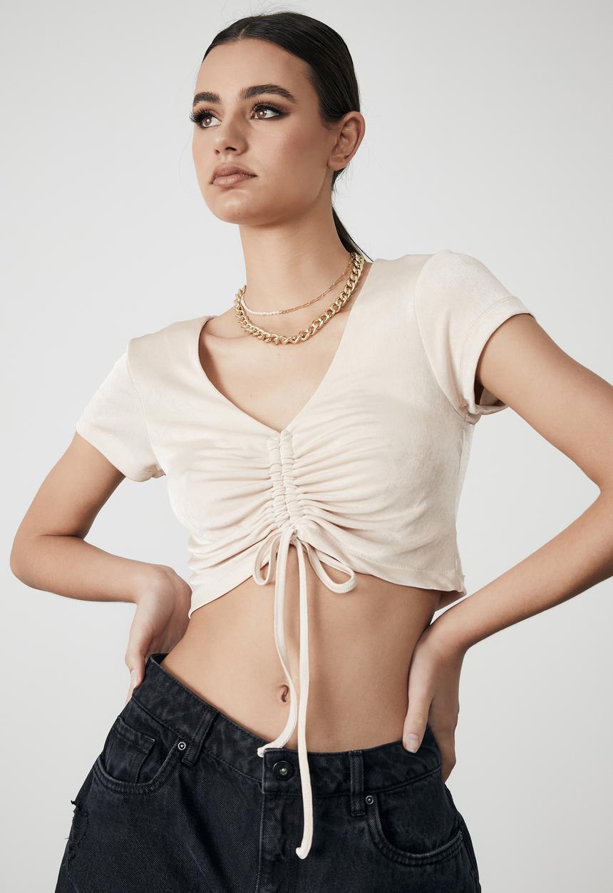 Factorie - Short sleeve slinky v neck ruched top - beige