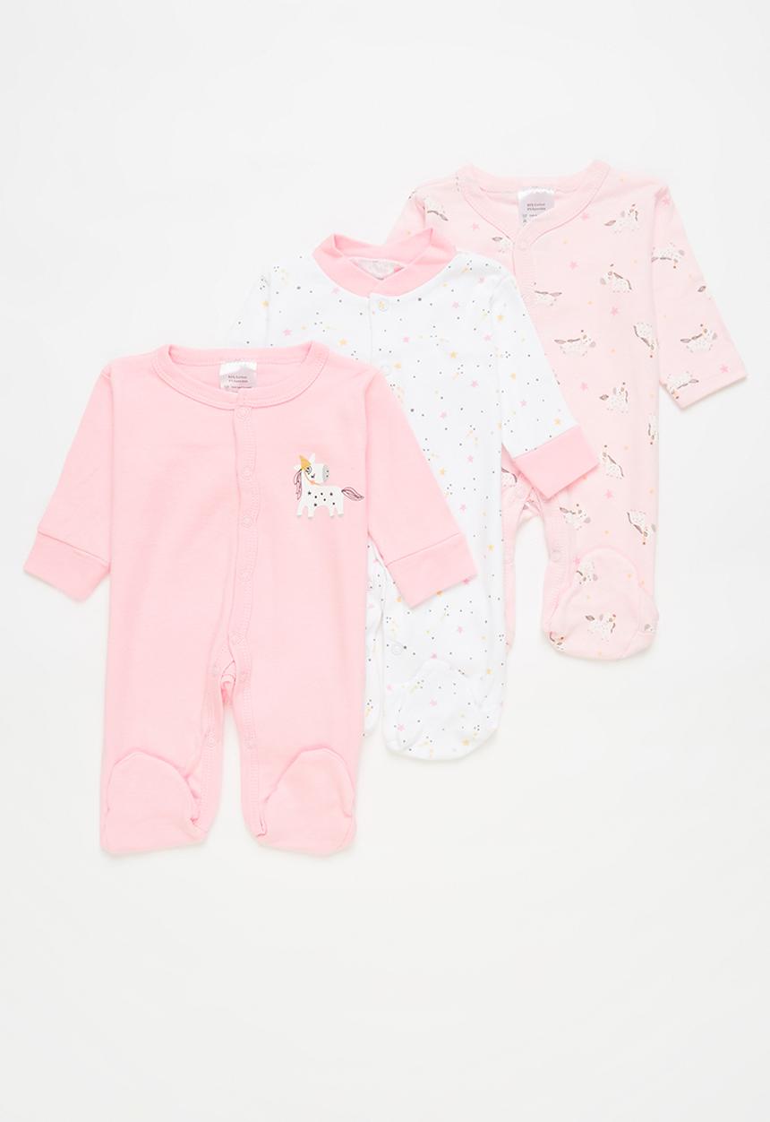 Pop Candy - 3 pack unicorn babygrows - pink & white 