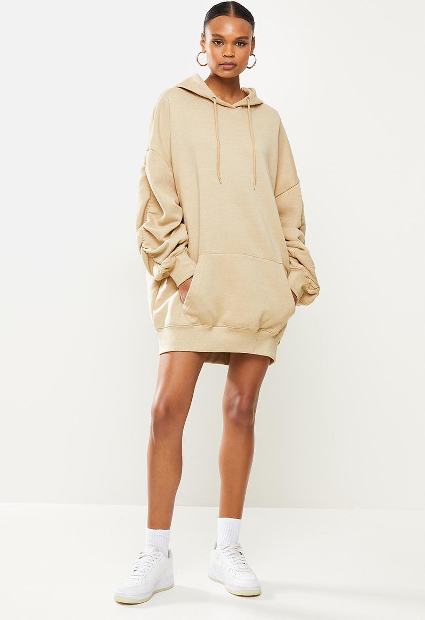 Missguided - Hooded sweater dress ruched - beige