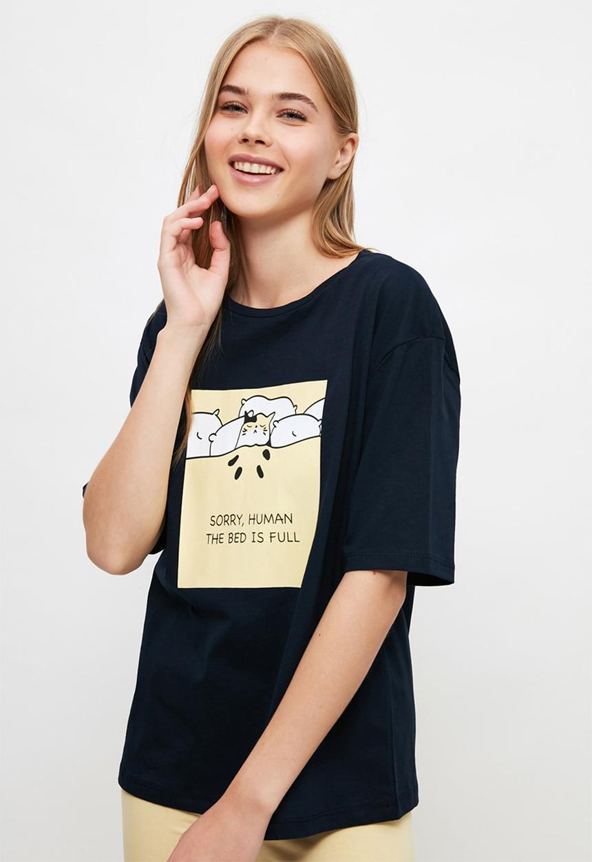 Trendyol - Slogan knitted pajamas set - black & yellow 