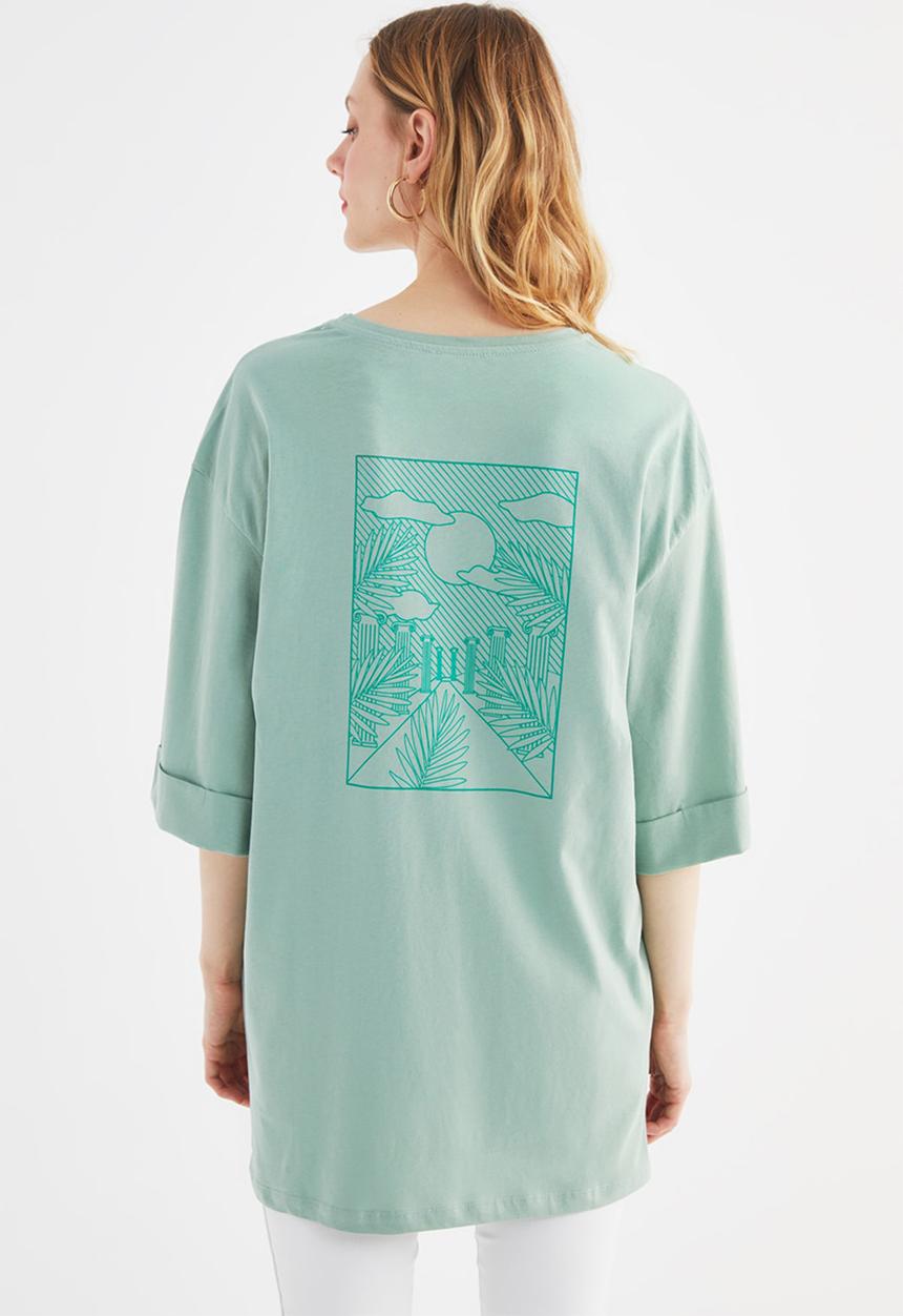 Trendyol - Boyfriend front and back printed knitted T-shirt  - green