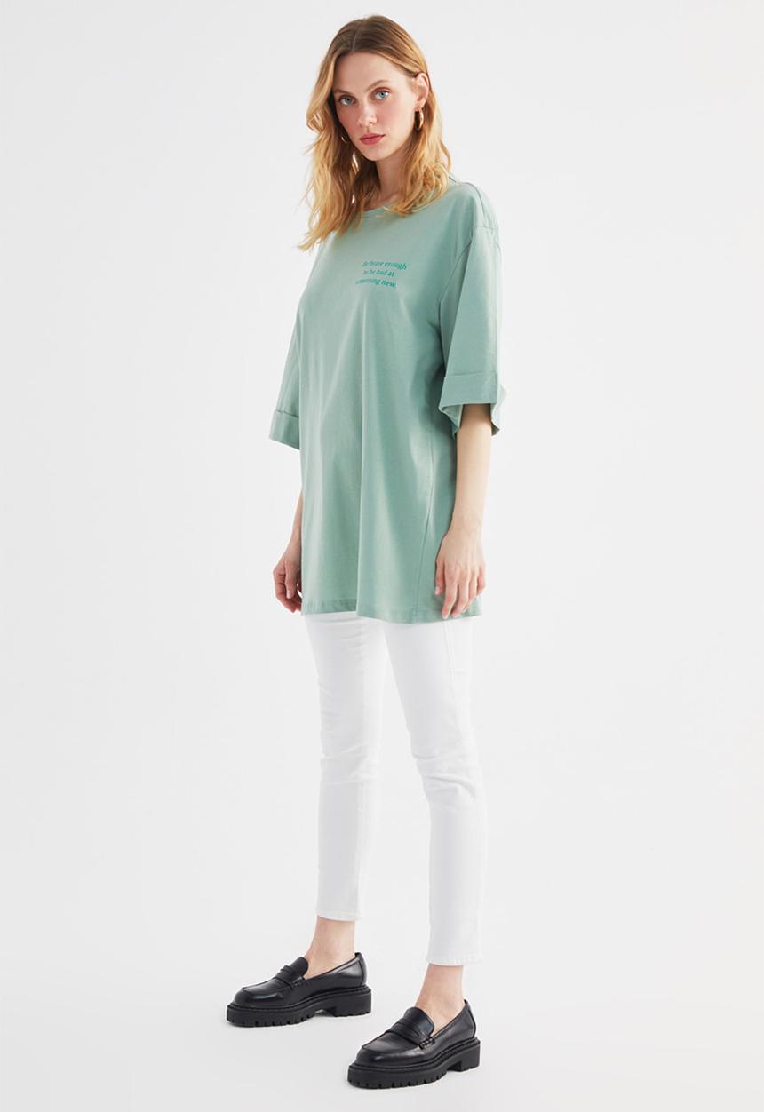 Trendyol - Boyfriend front and back printed knitted T-shirt  - green