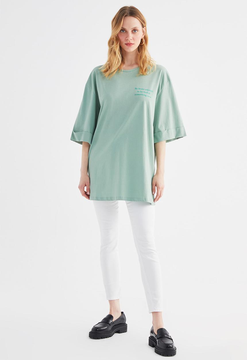 Trendyol - Boyfriend front and back printed knitted T-shirt  - green