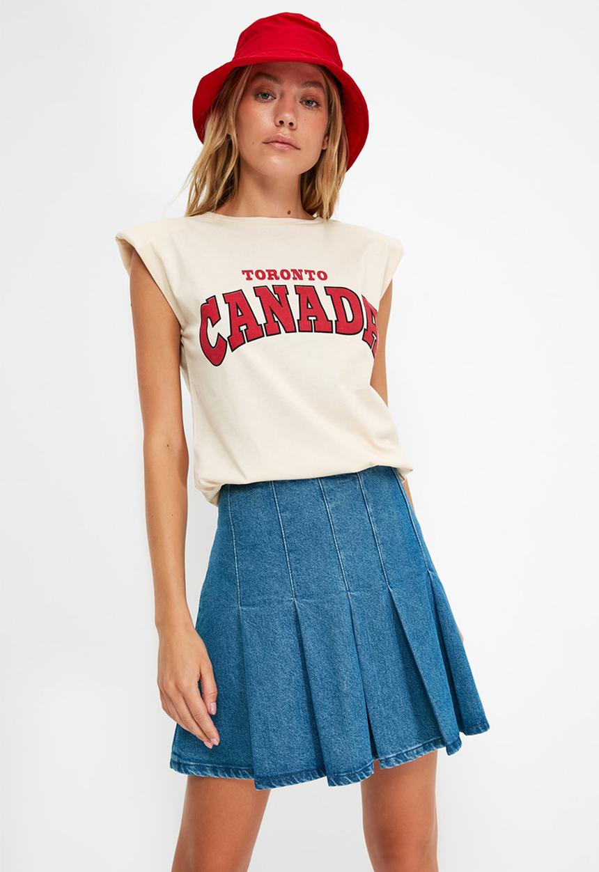 Trendyol - Printed padded basic knitted T-shirt  - beige