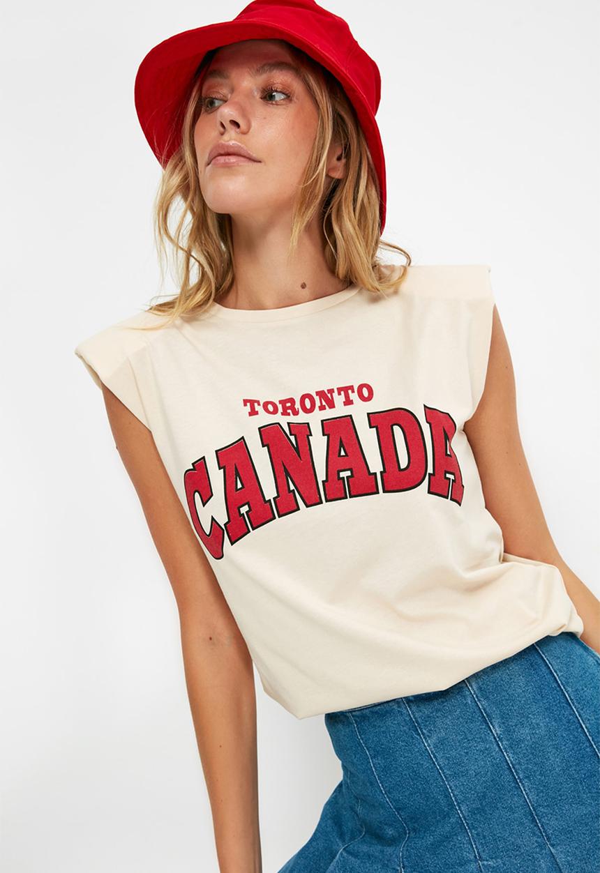 Trendyol - Printed padded basic knitted T-shirt  - beige