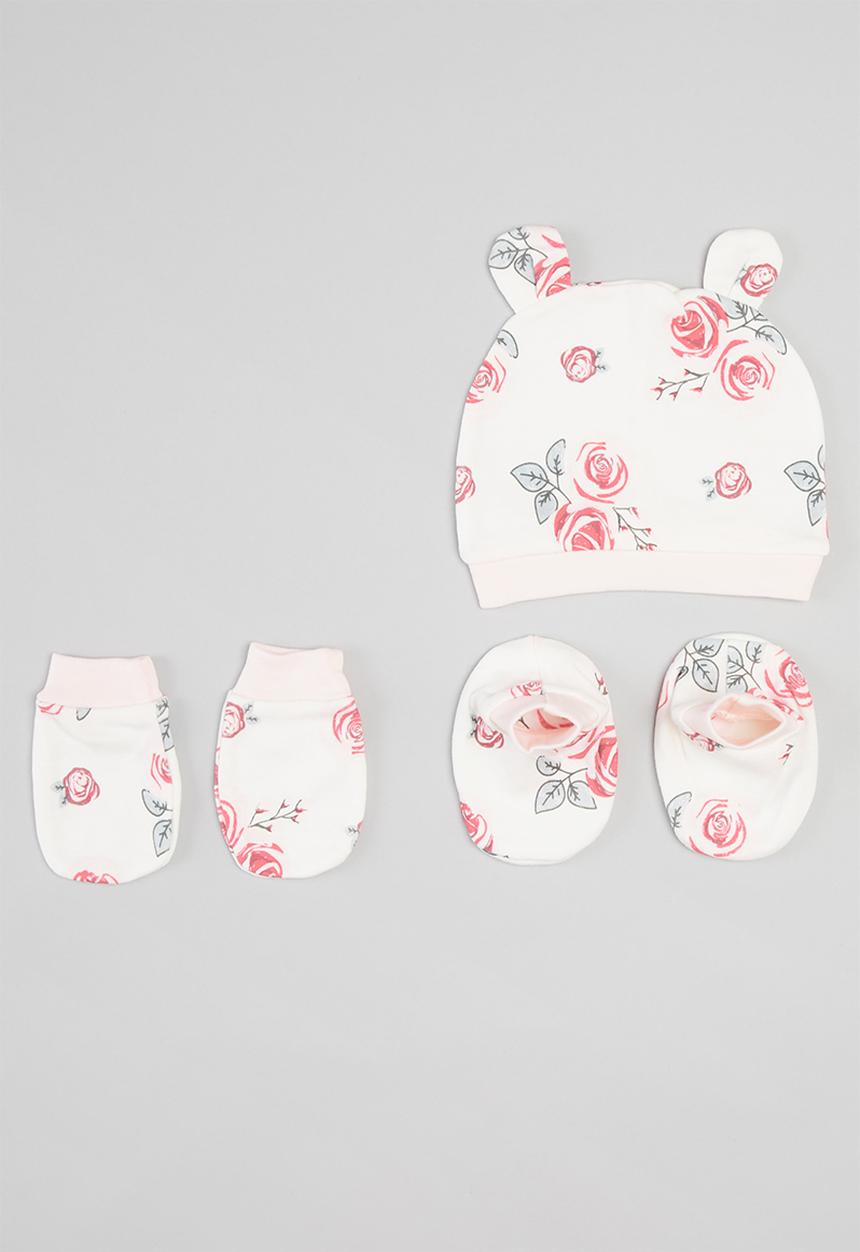 Pop Candy - Girls floral beanie, mittons & booties set - white