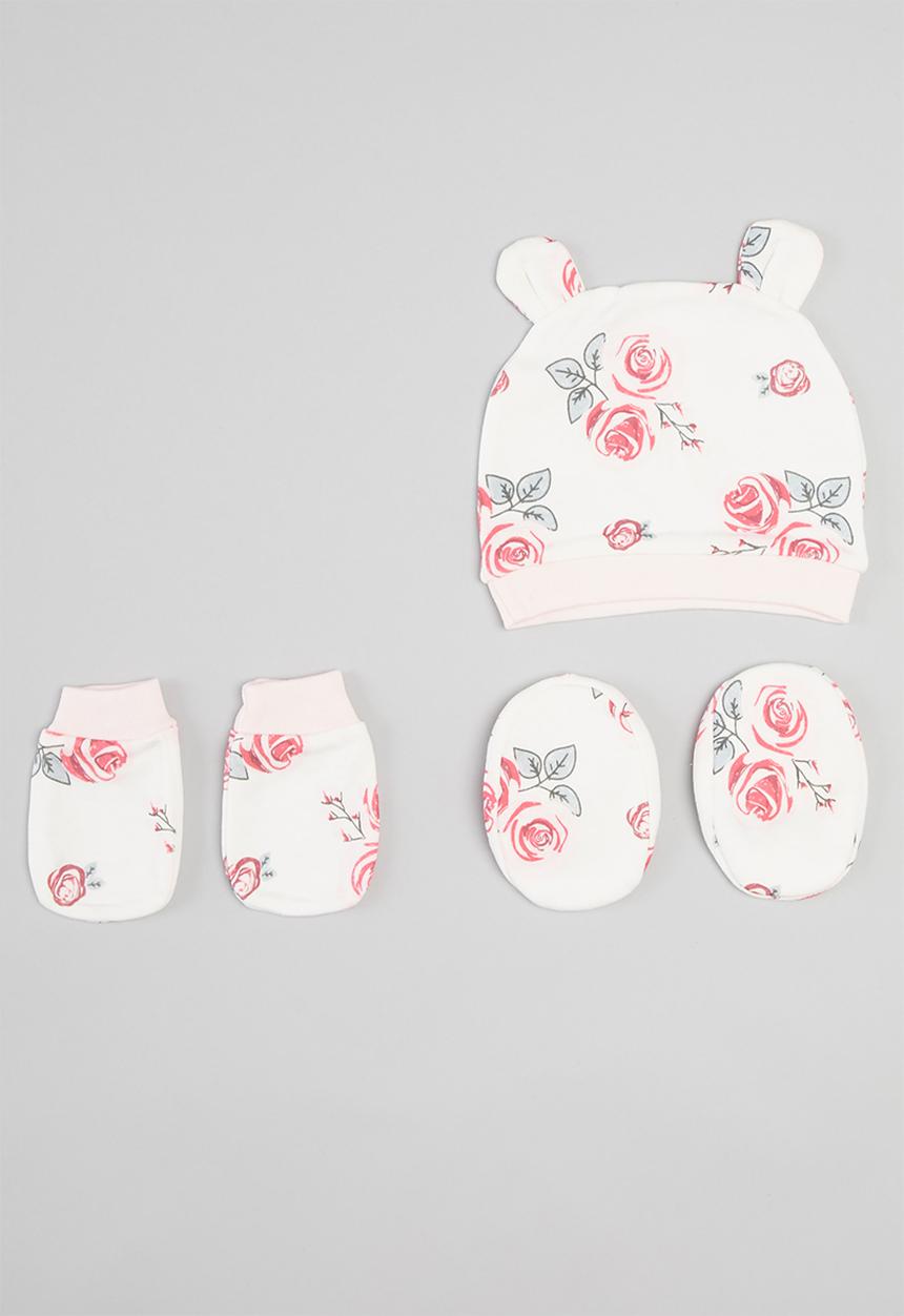Pop Candy - Girls floral beanie, mittons & booties set - white