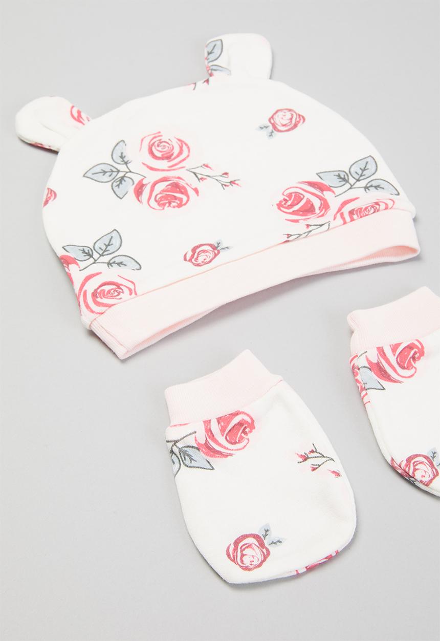 Pop Candy - Girls floral beanie, mittons & booties set - white