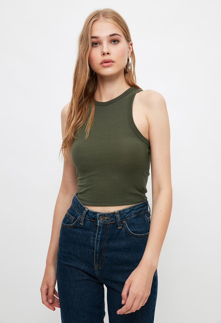 Trendyol - Ribbed super crop knitted singlet  - khaki