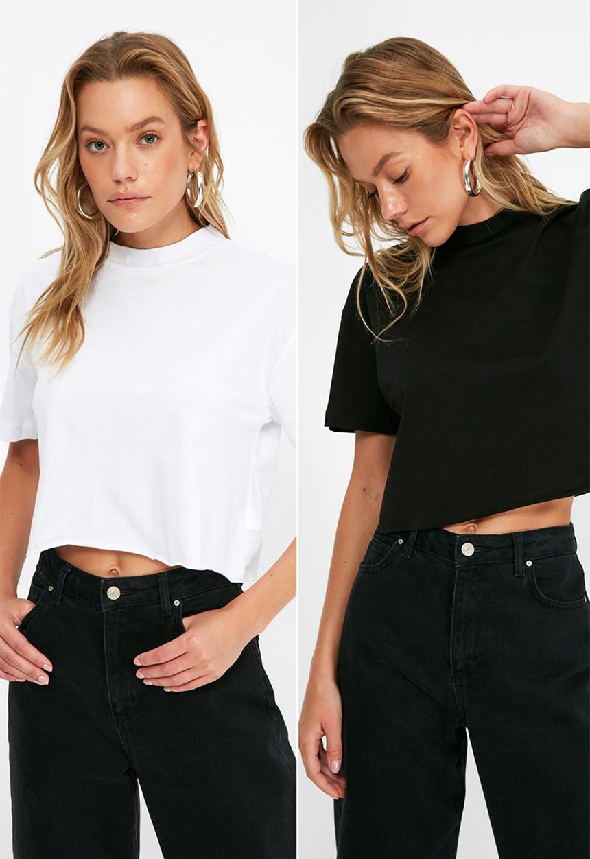 Trendyol - 2-pack crop knitted T-shirt  - black and white
