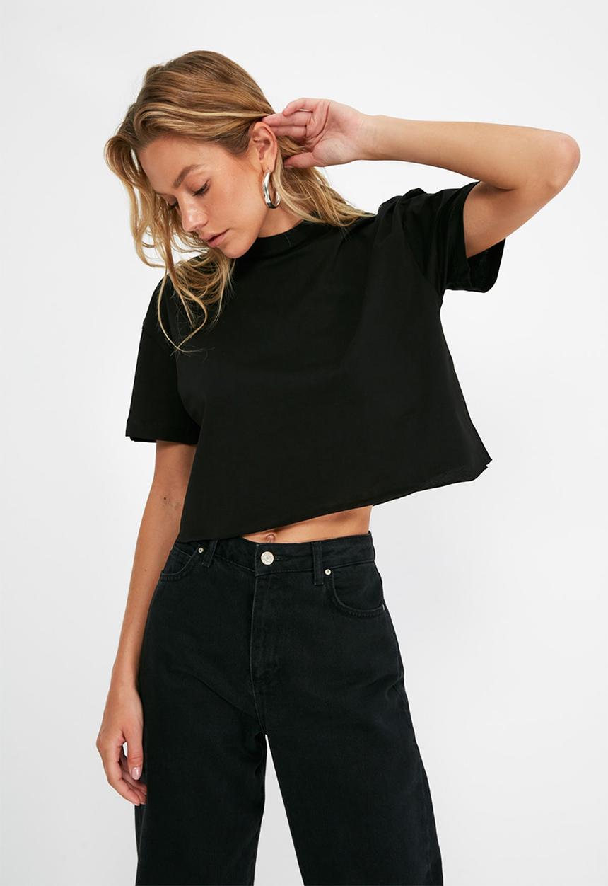 Trendyol - 2-pack crop knitted T-shirt  - black and white