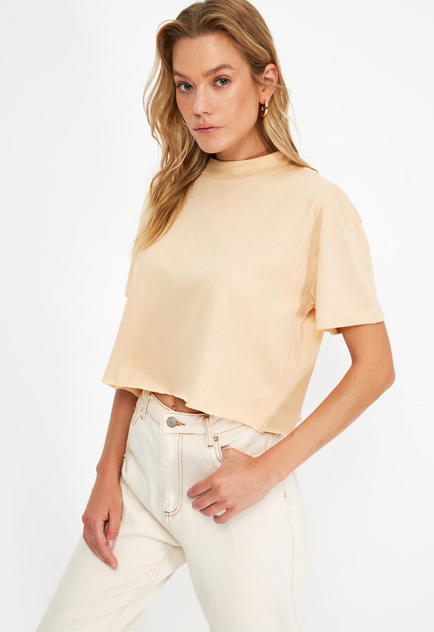 Trendyol - 2-pack crop knitted T-shirt  - brown & beige