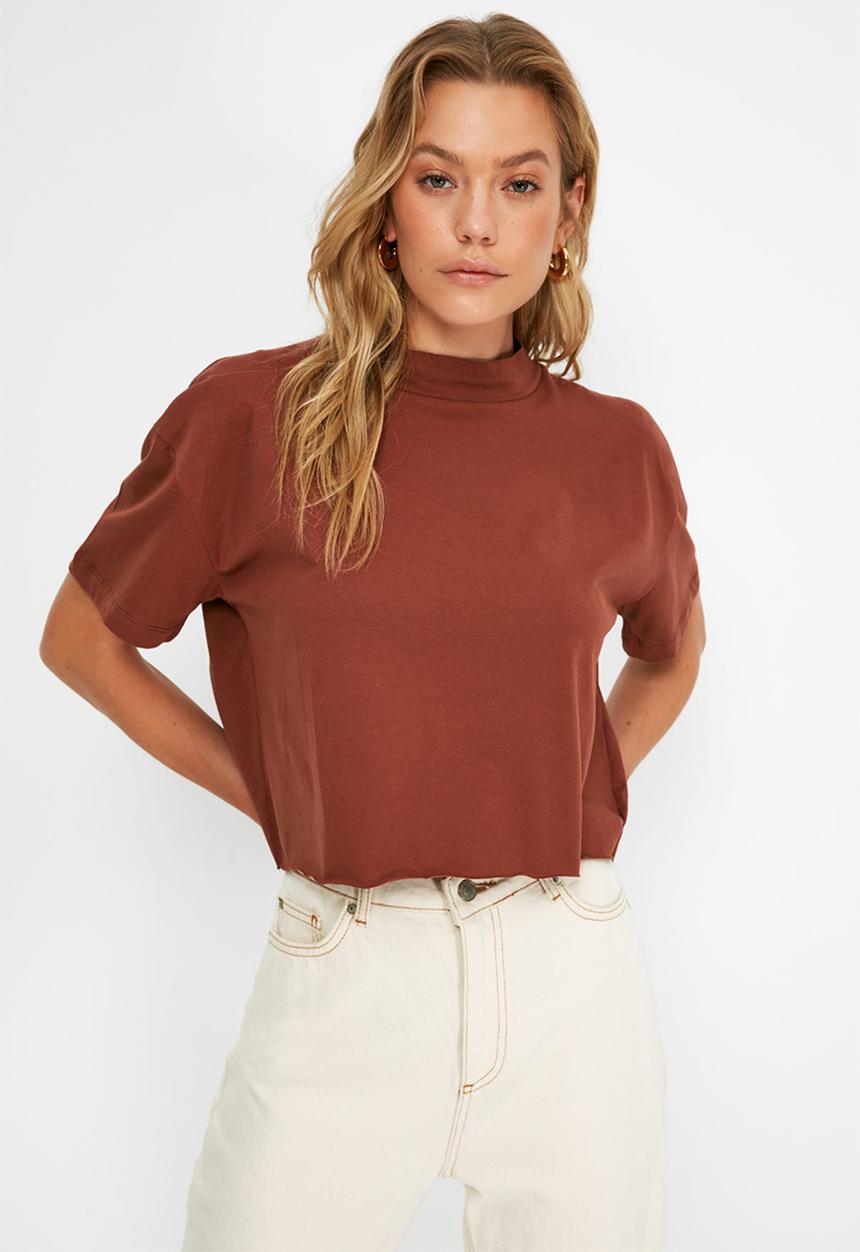 Trendyol - 2-pack crop knitted T-shirt  - brown & beige