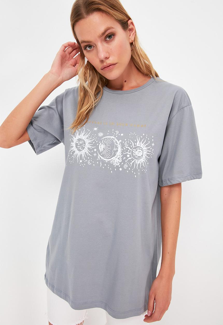 Trendyol - Printed boyfriend knitted T-shirt  - grey