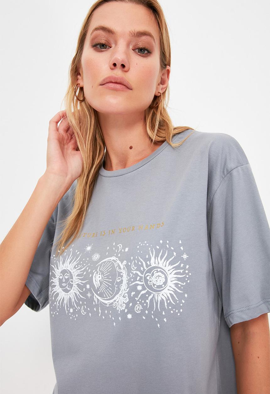 Trendyol - Printed boyfriend knitted T-shirt  - grey