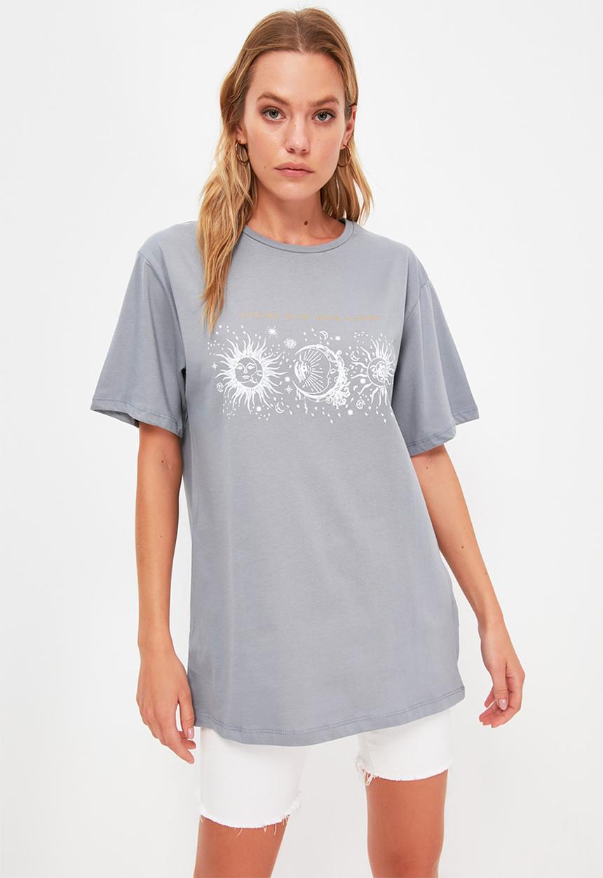 Trendyol - Printed boyfriend knitted T-shirt  - grey