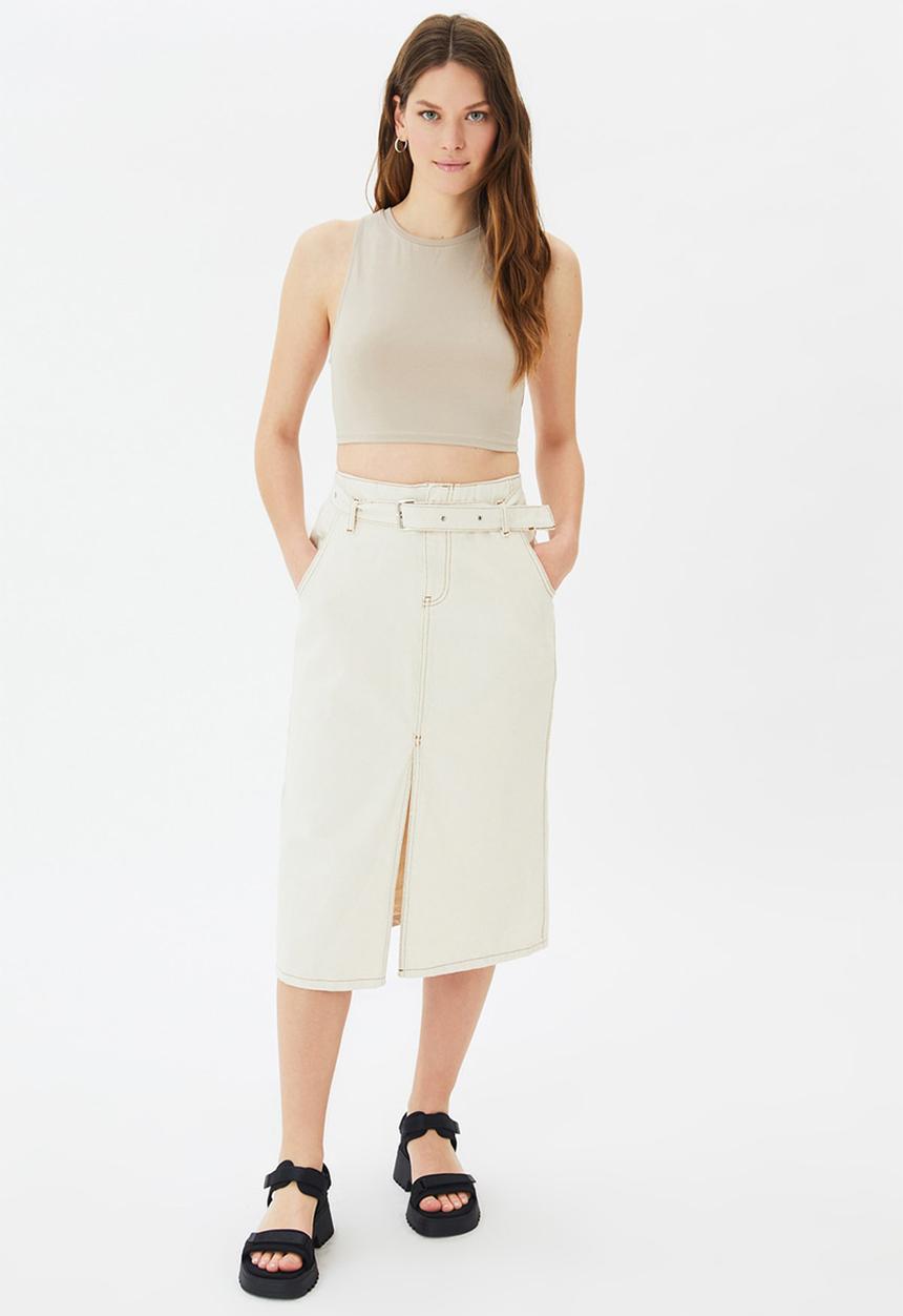 Trendyol - Slit belted midi denim skirt - ecru