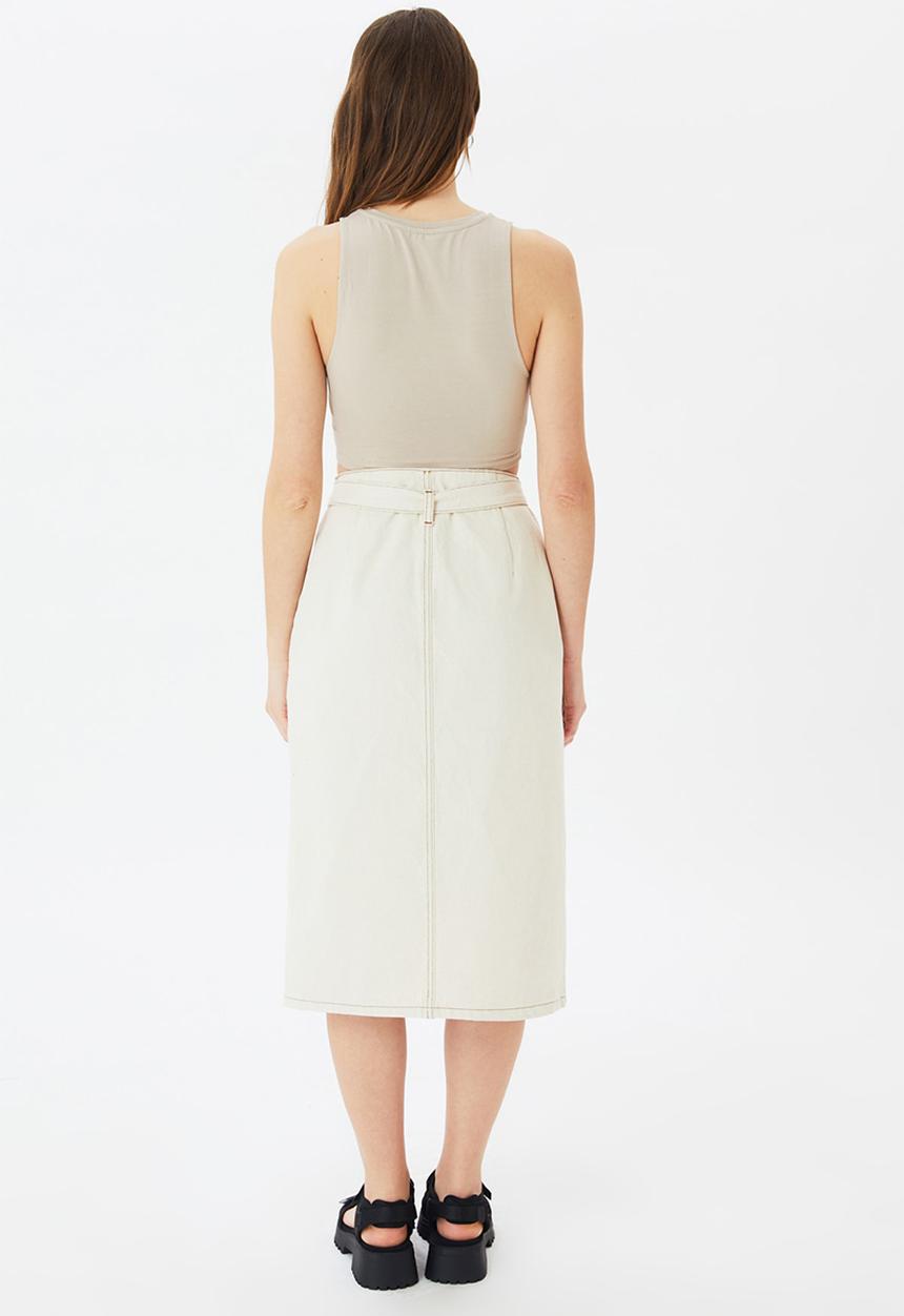 Trendyol - Slit belted midi denim skirt - ecru