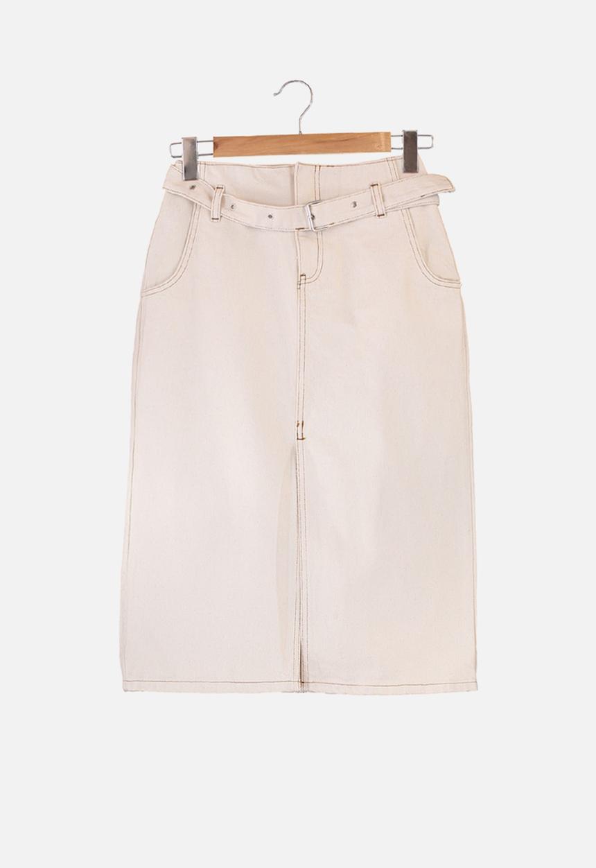 Trendyol - Slit belted midi denim skirt - ecru