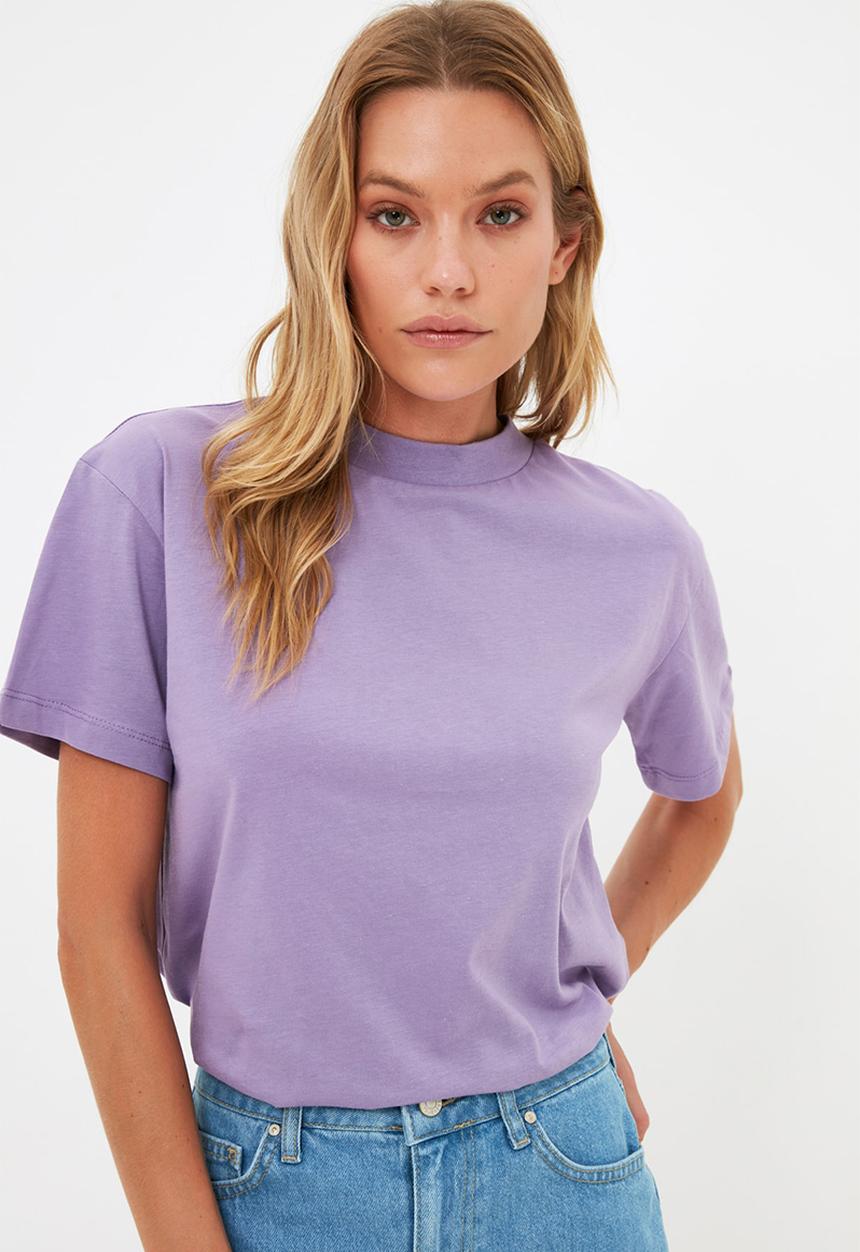 Trendyol - Stand up collar basic knitted T-shirt  - lilac