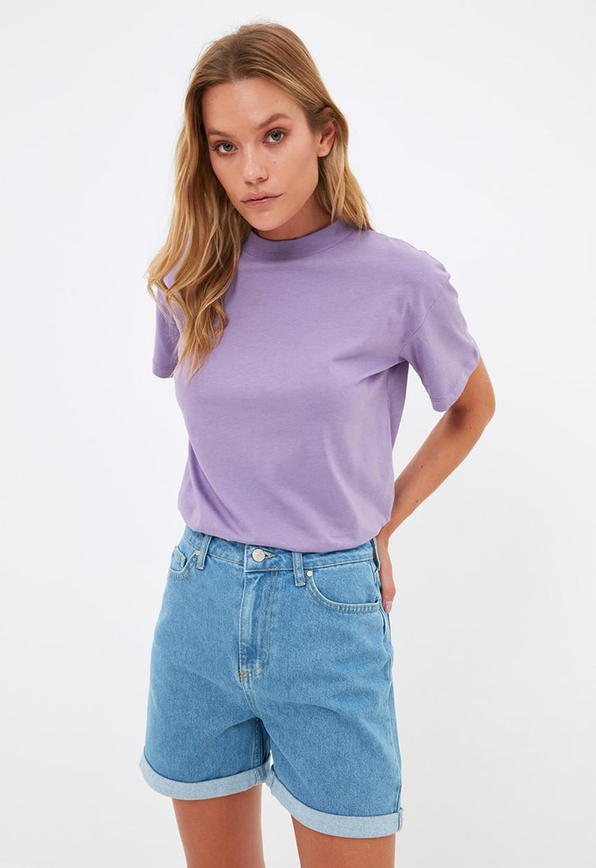 Trendyol - Stand up collar basic knitted T-shirt  - lilac