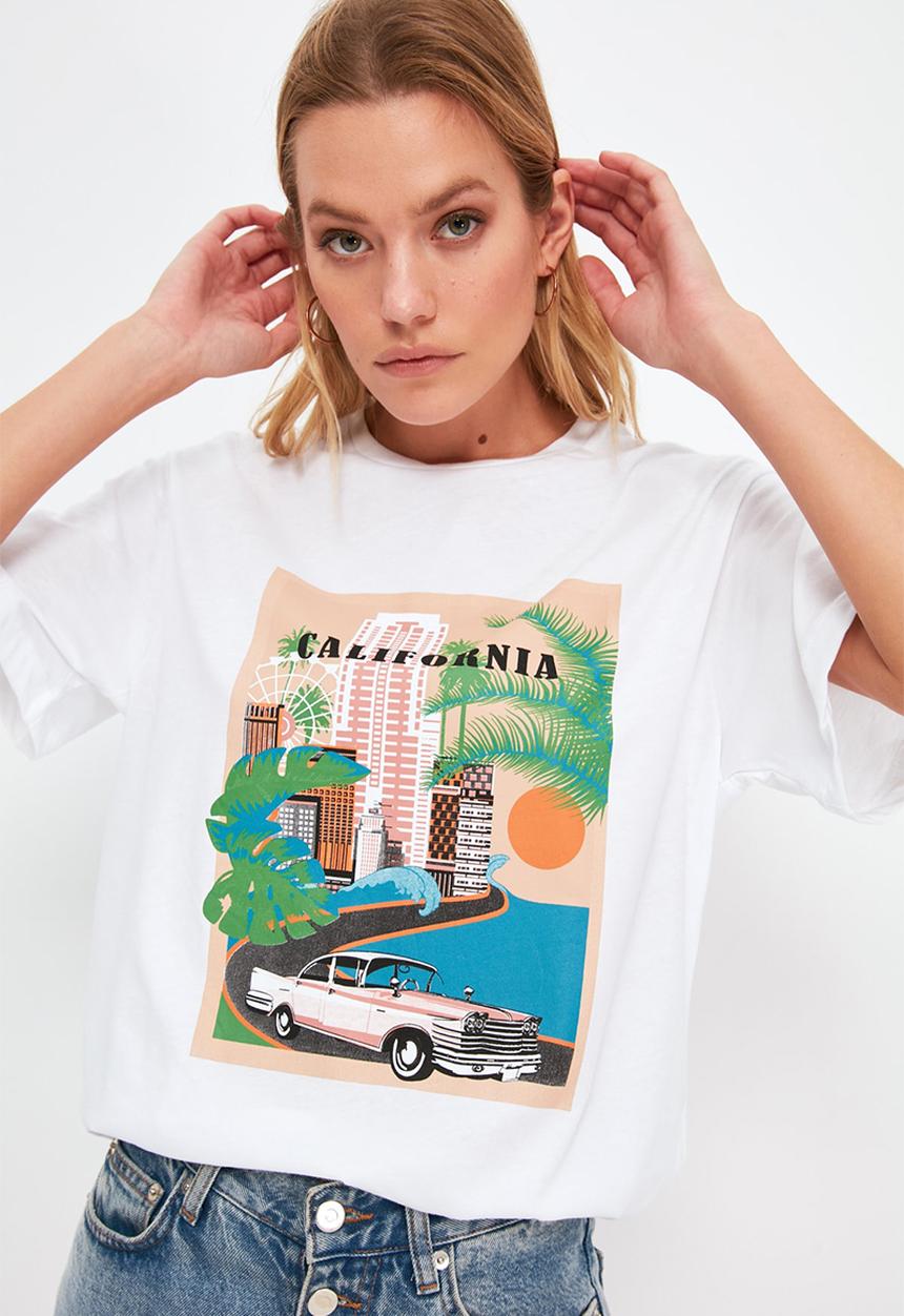 Trendyol - Printed boyfriend knitted t-shirt  - white