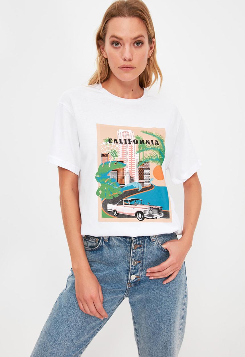 Trendyol - Printed boyfriend knitted t-shirt  - white