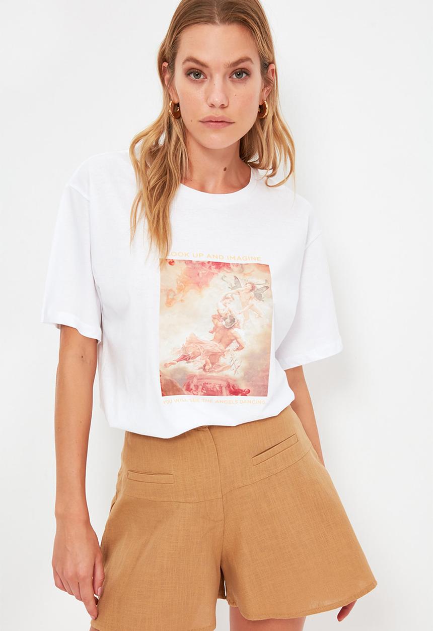Trendyol - Printed boyfriend knitted T-shirt - white
