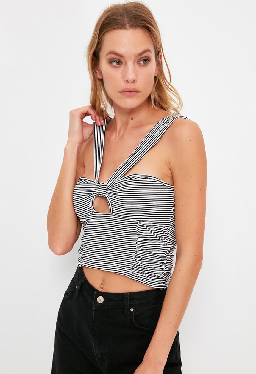 Trendyol - Tie detailed strap striped knitted blouse - black & white 