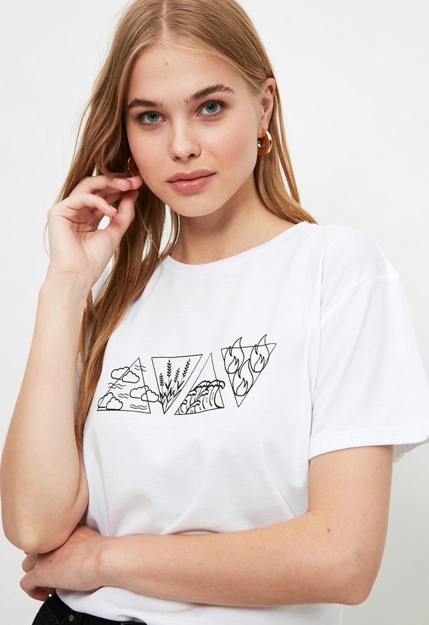 Trendyol - Printed semifitted knitted T-shirt  - white