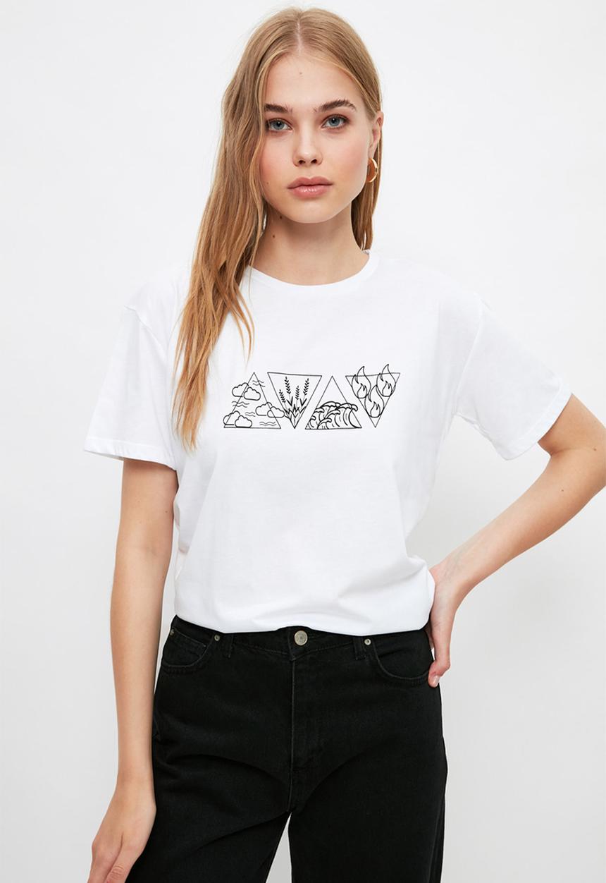 Trendyol - Printed semifitted knitted T-shirt  - white