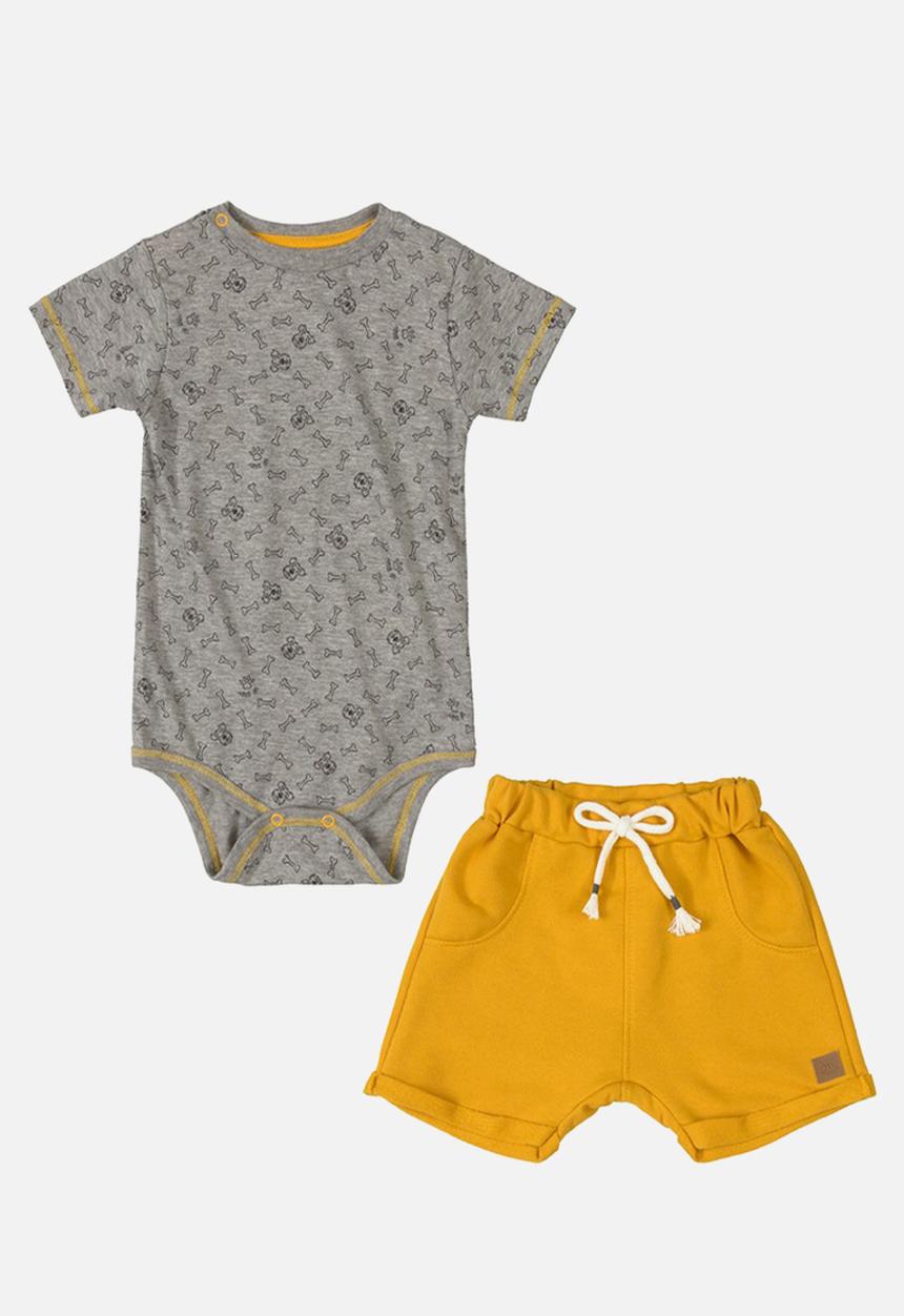 UP Baby - Yarn dyed elastane jersey bodysuit and sweat bermuda - grey & mustard 