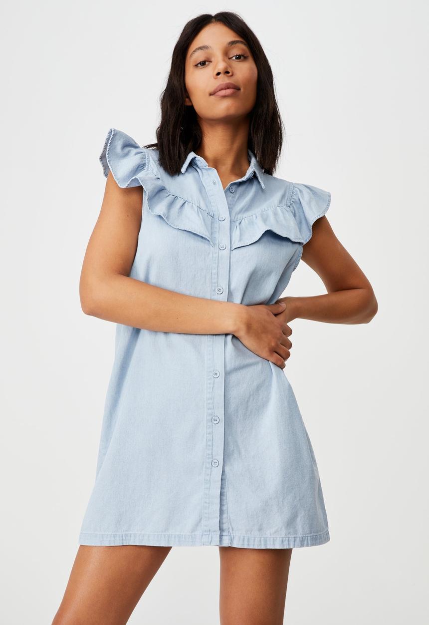 Cotton On - Woven Sienna denim sleeveless ruffle mini dress - light blue denim