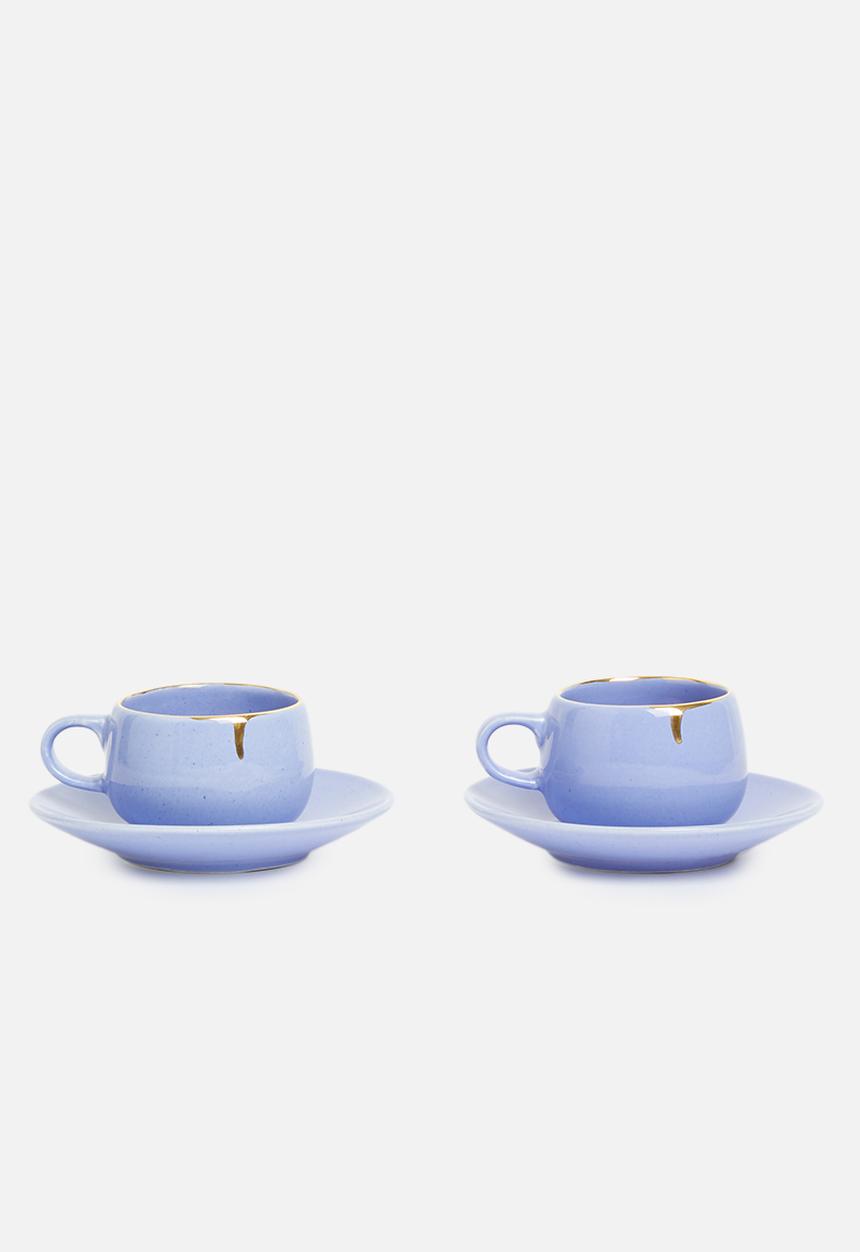 Urchin Art - Set of two Des Moines cup & saucer- sapphire & gold